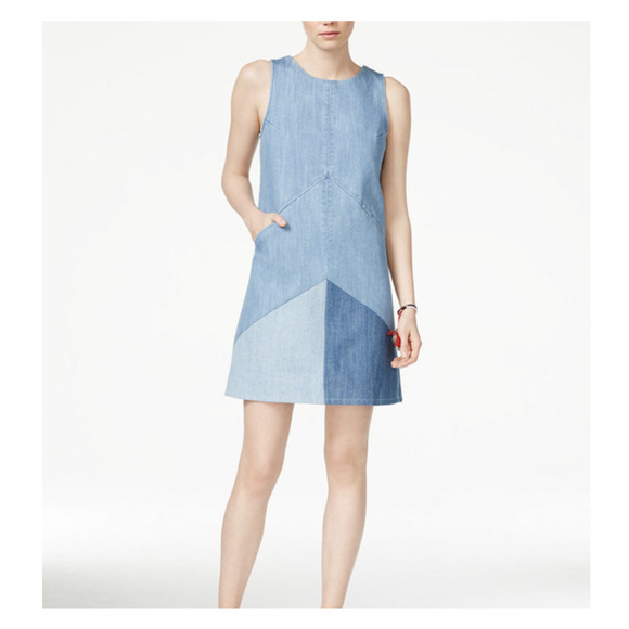 Rachel Roy Pieced Denim Dress Blue Large Mini Patchwork Sleeveless Pockets - Picture 1 of 8